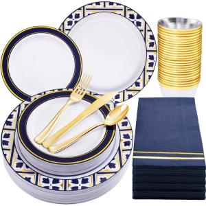 imageNervure 175PCS Blue Plastic Party Set  WhiteBlue Gold Disposable Dinnerware Include 25 Plates 25 Cups 25 Utensils 25 Napkins for Wedding ampamp PartyBlue