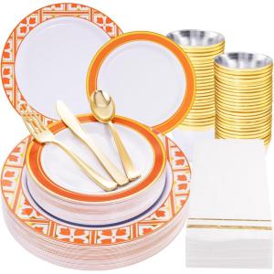 imageNervure 175PCS Blue Plastic Party Set  WhiteBlue Gold Disposable Dinnerware Include 25 Plates 25 Cups 25 Utensils 25 Napkins for Wedding ampamp PartyOrange