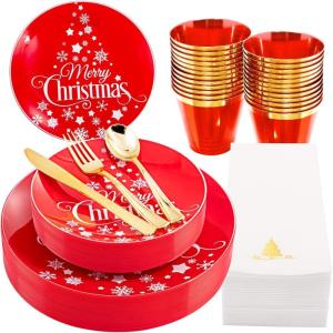 imageNervure 175PCS Christmas Plastic Dinnerware  25 Dinner Plates Salad Plates Cups Cutlery ampamp Napkins Perfect for Holidays