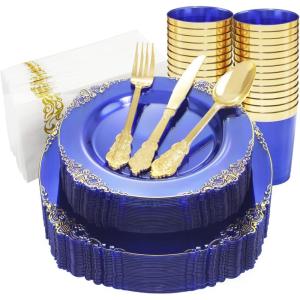 imageNervure 175PCS Clear Blue Plastic Plates  Plastic Dinnerware Set Include 25Dinner Plates 25Dessert Plates 25Cups 25Forks 25Knives 25Spoons 25Napkins Perfect for Wedding ampamp PartyTransparent Blue