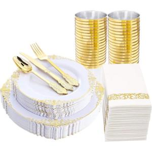 imageNervure 175PCS Clear Blue Plastic Plates  Plastic Dinnerware Set Include 25Dinner Plates 25Dessert Plates 25Cups 25Forks 25Knives 25Spoons 25Napkins Perfect for Wedding ampamp PartyGold