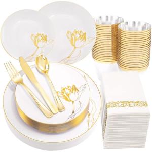 imageNervure 175PCS White Plastic Plates  Floral White Gold Disposable Plates Include 50Plates 25Forks 25Knives 25Spoons 25Cups 25Napkins Perfect for Wedding ampamp PartyGold
