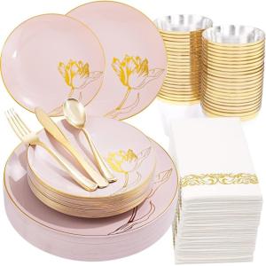 imageNervure 175PCS White Plastic Plates  Floral White Gold Disposable Plates Include 50Plates 25Forks 25Knives 25Spoons 25Cups 25Napkins Perfect for Wedding ampamp PartyPink