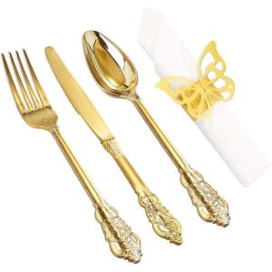imageNervure 200PCS Gold Plastic Silverware Set Disposable Flatware  Disposable Gold Plastic Cutlery for Party Includes 50 Forks50 Spoons50 Knives50 Napkins50 Butterfly Clasp