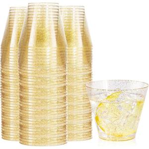 imageNervure 240PCS Gold Plastic Cups  9Oz Gold Rimmed Plastic Cups  Heavy Duty Disposable Clear Cup with Gold Rim Perfect for Weddings Receptions ampamp Parties120PCSGold Glitter9oz