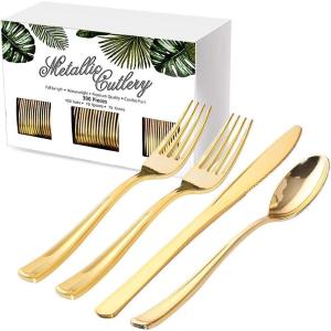 imageNervure 300 Piece Gold Plastic Silverware Set  Heavyweight Gold Plastic Cutlery  Disposable Gold Plastic Utensil Include 150 Forks 75 Knives 75 Spoons Perfect for Parties ampamp Wedding ampamp PartyGold