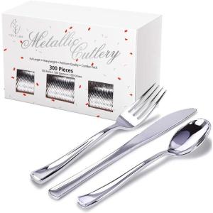 imageNervure 300 Piece Silver Plastic Silverware Set  Heavy Duty Silver Plastic Cutlery  Heavyweight Disposable Flatware Include 100Forks 100Knives 100Spoons for Parties Dinners Weddings