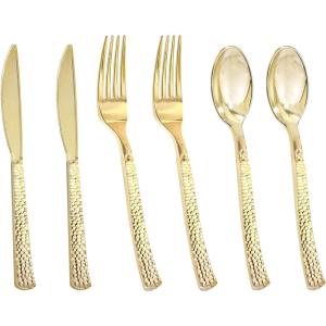imageNervure 300PCS Gold Hammered Plastic Silverware  Heavy Duty Plastic Cutlery  Gold Disposable Utensils Includes 100 Forks 100 Knives 100 Spoons Perfect for Wedding ampamp PartyGold