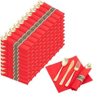 imageNervure 400PCS Pre Rolled Gold Plastic Silverware Sets  Heavy Duty Gold Cutlery  Include 100 Pack Wrapped Disposable Utensils with Napkins for Parties Dinners ampamp WeddingsClassicRed Napkins