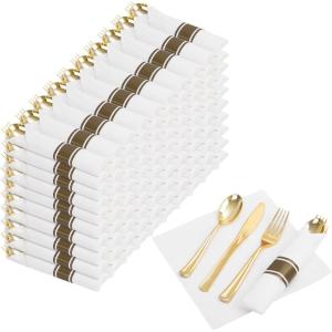 imageNervure 400PCS Pre Rolled Gold Plastic Silverware Sets  Heavy Duty Gold Cutlery  Include 100 Pack Wrapped Disposable Utensils with Napkins for Parties Dinners ampamp WeddingsClassic