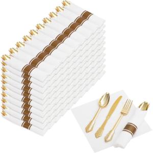 imageNervure 400PCS Pre Rolled Gold Plastic Silverware Sets  Heavy Duty Gold Cutlery  Include 100 Pack Wrapped Disposable Utensils with Napkins for Parties Dinners ampamp WeddingsVintage