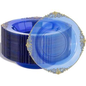 imageNervure 50PCS Purple Plastic Bowls with Gold Rim  12oz Disposable Soup Bowls Heavy Duty Salad Dessert Bowl Perfect For Weddings Parties and Everyday UseClear Blue and Gold
