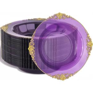 imageNervure 50PCS Purple Plastic Bowls with Gold Rim  12oz Disposable Soup Bowls Heavy Duty Salad Dessert Bowl Perfect For Weddings Parties and Everyday UseClear Purple and Gold