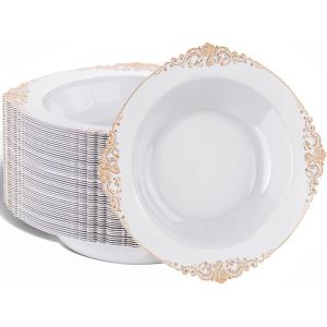 imageNervure 50PCS Purple Plastic Bowls with Gold Rim  12oz Disposable Soup Bowls Heavy Duty Salad Dessert Bowl Perfect For Weddings Parties and Everyday UseWhite and Rose Gold