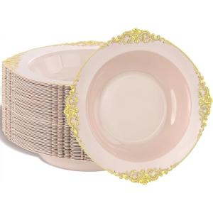 imageNervure 50PCS Purple Plastic Bowls with Gold Rim  12oz Disposable Soup Bowls Heavy Duty Salad Dessert Bowl Perfect For Weddings Parties and Everyday UsePink and Gold