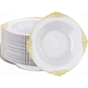 imageNervure 50PCS Purple Plastic Bowls with Gold Rim  12oz Disposable Soup Bowls Heavy Duty Salad Dessert Bowl Perfect For Weddings Parties and Everyday UseWhite and Gold