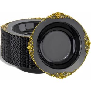 imageNervure 50PCS Purple Plastic Bowls with Gold Rim  12oz Disposable Soup Bowls Heavy Duty Salad Dessert Bowl Perfect For Weddings Parties and Everyday UseBlack and Gold