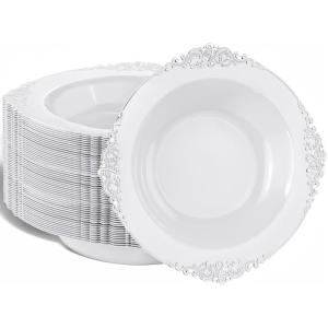 imageNervure 50PCS Purple Plastic Bowls with Gold Rim  12oz Disposable Soup Bowls Heavy Duty Salad Dessert Bowl Perfect For Weddings Parties and Everyday UseWhite and Silver