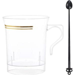imageNervure 60 Pack Clear Gold Plastic Coffee Mugs with 60 PCS Black Coffee Stirrers  8oz Disposable Coffee Cups with Handles ampamp 5inch Coffee Stirrers  Plastic Tea Cups with Gold Rim for PartyClear