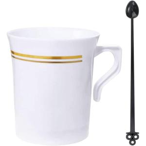 imageNervure 60 Pack Clear Gold Plastic Coffee Mugs with 60 PCS Black Coffee Stirrers  8oz Disposable Coffee Cups with Handles ampamp 5inch Coffee Stirrers  Plastic Tea Cups with Gold Rim for PartyWhite