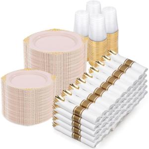 imageNervure 700PCS Gold Plastic Plates  Gold Plastic Dinnerware Sets for 100 Guests  200 Disposable Plates 300 Silverware 100 Cups 100 Napkins for Wedding ampamp PartyPink and Gold