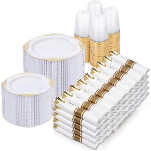 imageNervure 700PCS Gold Plastic Plates  Gold Plastic Dinnerware Sets for 100 Guests  200 Disposable Plates 300 Silverware 100 Cups 100 Napkins for Wedding ampamp PartyWhite and Gold