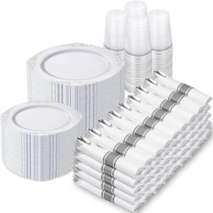 imageNervure 700PCS Gold Plastic Plates  Gold Plastic Dinnerware Sets for 100 Guests  200 Disposable Plates 300 Silverware 100 Cups 100 Napkins for Wedding ampamp PartyWhite and Silver