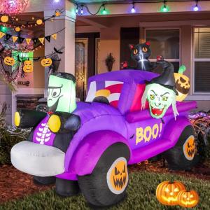 imageNervure 8 Ft Halloween Inflatables Outdoor Decorations  Halloween Inflatable Witch Driving a Car with Black Cat Pumpkin and Frankenstein Buildin LED Light Blow up for Indoor Yard Garden Lawn Decor