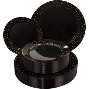 imageNervure 96PCS Black with Gold Plastic Plates  Black Disposable Plastic Plates Includes 48PCS 1025inch Dinner Plates 48PCS 75inch SaladDessert Plates for Halloween ampamp Parties ampamp New Years Day