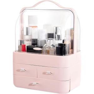 imageNervure White Makeup Organizer  Cosmetic Storage Box with Lid  Makeup Organizer Storage Drawersr with Dust Free Cover and Portable Handle for Bathroom Countertop ampamp Dresser ampamp GiftPink