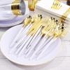 imageNervure 140PCS White and Gold Plastic Plates  Disposable Gold Party Plates  20 Dinner Plate 20 Dessert Plate 60 Plastic Silverware 20 Cups 20 Napkins for Weddings ampamp Party
