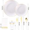 imageNervure 140PCS White and Gold Plastic Plates  Disposable Gold Party Plates  20 Dinner Plate 20 Dessert Plate 60 Plastic Silverware 20 Cups 20 Napkins for Weddings ampamp Party