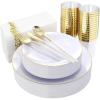 imageNervure 140PCS White and Gold Plastic Plates  Disposable Gold Party Plates  20 Dinner Plate 20 Dessert Plate 60 Plastic Silverware 20 Cups 20 Napkins for Weddings ampamp Party