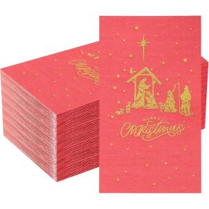imageNervure 100PCS Christmas Nativity Paper Napkins Scene  The Birth of Jesus Scene Dinner Napkins  Disposable Red Gold Paper Napkins Hand Towels for Dinner Holiday Xmas Party Christmas Eve Decor