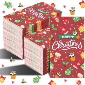 imageNervure 100PCS Red Christmas Paper Napkins  Christmas Napkins Disposable  3Ply Heavy Duty Christmas Guest Hand Towels for Home Kitchen Bathroom Winter Holiday Xmas Party Decorative