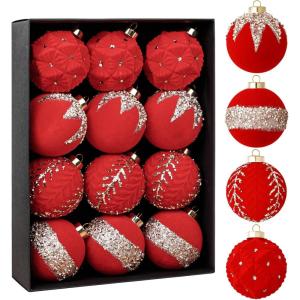 imageNervure 12PCS Red Velvet Christmas Ornaments  Red Christmas Balls  80mm Glitter Tree Decoration with Black Gift Box for Parties DecorationsRed