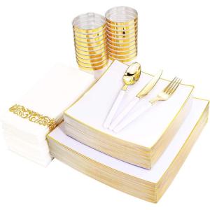 imageNervure 140Pcs White Square Plastic Plates with Gold Rim  Gold Disposable Plate Includes 40 plates 60 Gold Silverware with White Handle 20 Cups 20 Napkins for Christmas ampamp Party ampamp Fathers DayWhite
