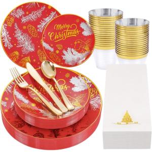 imageNervure 175PCS Blue Plastic Plates  Christmas Plastic Dinnerware Set  Christmas Dog Plates Include 25Dinner Plates 25Salad Plates 25Forks 25Knives 25Spoons 25Cups 25Napkins for ChristmasVintage Christmas Cone