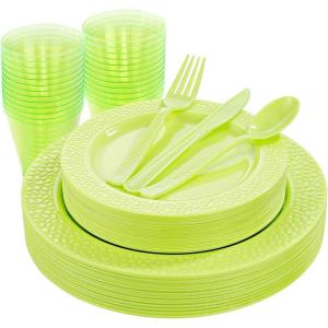 imageNervure 150pcs Green Plastic Plates with Green Hammered Silverware include 25Dinner Plates 25Dessert Plates 25Knives 25Forks 25Spoons ampamp 25Cups for StPatricks Day ampamp Parties ampamp Mothers Day