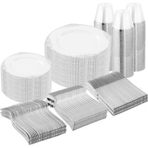 imageNervure 600PCS Silver Plastic Dinnerware  White and Silver Disposable Plates for 100 Guests  200 Disposable Plates 300 Plastic Silverware 100 Cups for Wedding ampamp PartySilver