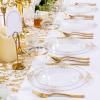imageNervure 600PCS Gold Plastic Dinnerware  White and Gold Disposable Plates for 100 Guests  200 Disposable Plates 300 Plastic Silverware 100 Cups for Wedding ampamp Party ampamp Independence DayClear