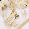 imageNervure 600PCS Gold Plastic Dinnerware  White and Gold Disposable Plates for 100 Guests  200 Disposable Plates 300 Plastic Silverware 100 Cups for Wedding ampamp Party ampamp Independence DayClear