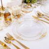 imageNervure 600PCS Gold Plastic Dinnerware  White and Gold Disposable Plates for 100 Guests  200 Disposable Plates 300 Plastic Silverware 100 Cups for Wedding ampamp Party ampamp Independence DayClear