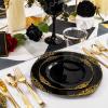 imageNervure 600PCS Gold Plastic Dinnerware  White and Gold Disposable Plates for 100 Guests  200 Disposable Plates 300 Plastic Silverware 100 Cups for Wedding ampamp Party ampamp Independence DayBlack