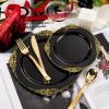 imageNervure 600PCS Gold Plastic Dinnerware  White and Gold Disposable Plates for 100 Guests  200 Disposable Plates 300 Plastic Silverware 100 Cups for Wedding ampamp Party ampamp Independence DayBlack