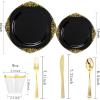 imageNervure 600PCS Gold Plastic Dinnerware  White and Gold Disposable Plates for 100 Guests  200 Disposable Plates 300 Plastic Silverware 100 Cups for Wedding ampamp Party ampamp Independence DayBlack