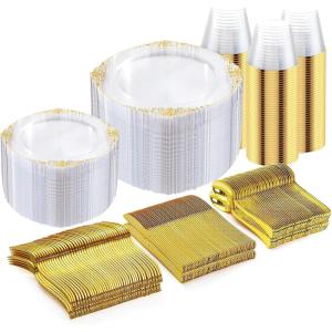 imageNervure 600PCS Gold Plastic Dinnerware  White and Gold Disposable Plates for 100 Guests  200 Disposable Plates 300 Plastic Silverware 100 Cups for Wedding ampamp Party ampamp Independence DayClear