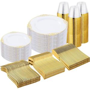 imageNervure 600PCS Gold Plastic Dinnerware  White and Gold Disposable Plates for 100 Guests  200 Disposable Plates 300 Plastic Silverware 100 Cups for Wedding ampamp Party ampamp Independence DayGold