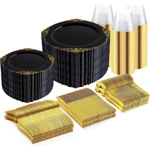 imageNervure 600PCS Gold Plastic Dinnerware  White and Gold Disposable Plates for 100 Guests  200 Disposable Plates 300 Plastic Silverware 100 Cups for Wedding ampamp Party ampamp Independence DayBlack