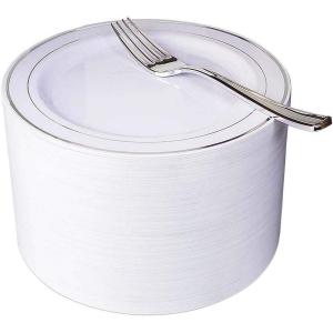 imageNervure 204PCS Gold Dessert Plates with Forks  102PCS 75inch Disposable Gold Plastic Plates and 102PCS Plastic Forks Perfect for Salads Desserts Parties Catering Christmas ampamp Party ampamp Fathers DaySilver